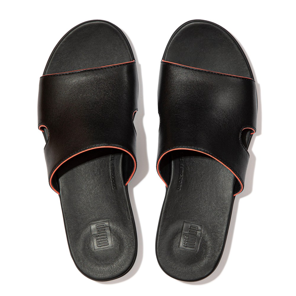 Fitflop Womens Slides Black - H-bar Pop-binding Leather - SJ7658190